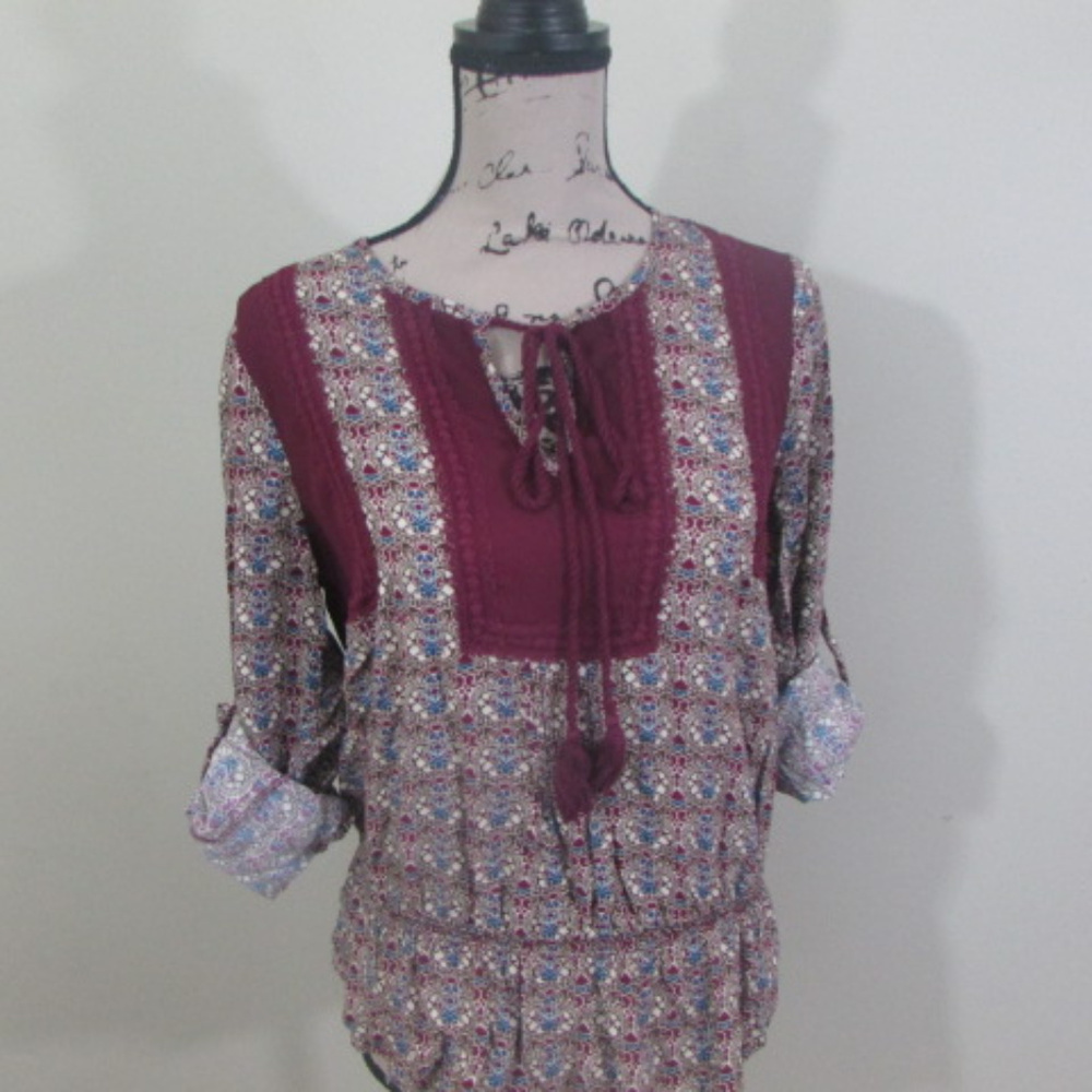 Daniel Rainn Blouse Boho Small Burgundy Print - Picture 2 of 8